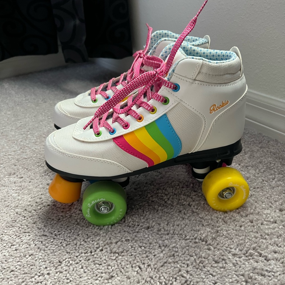 EUC Rookie White Roller Skates with Rainbow Stripes 6